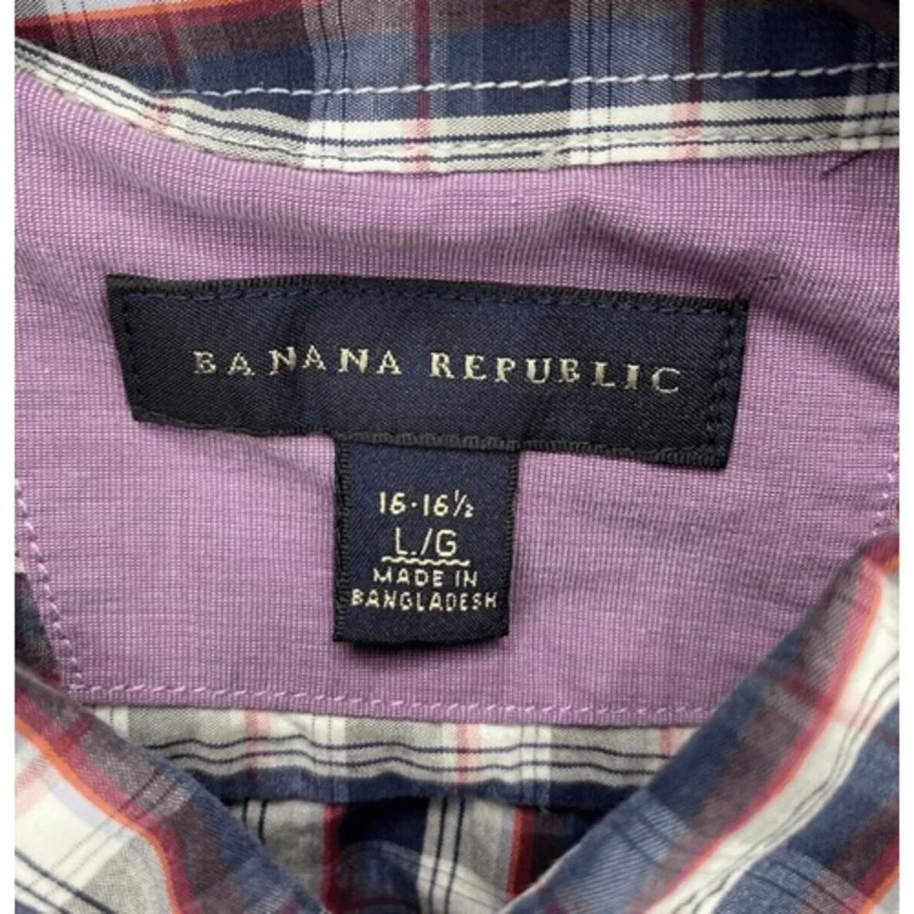 Banana Republic Mens Large Navy Red White Gingham Plaid Button Down Shirt L 16.5